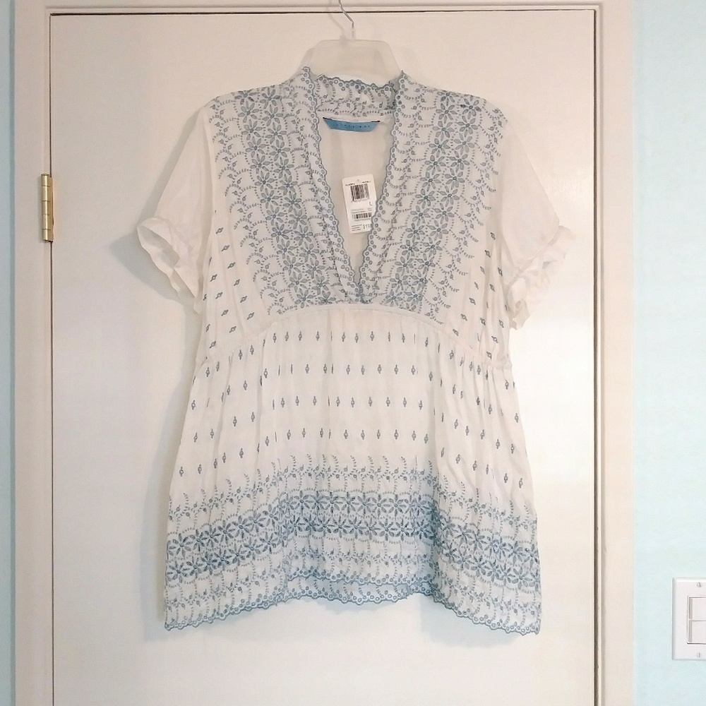 Johnny Was 100% Silk Embroidered V Neck Blouse